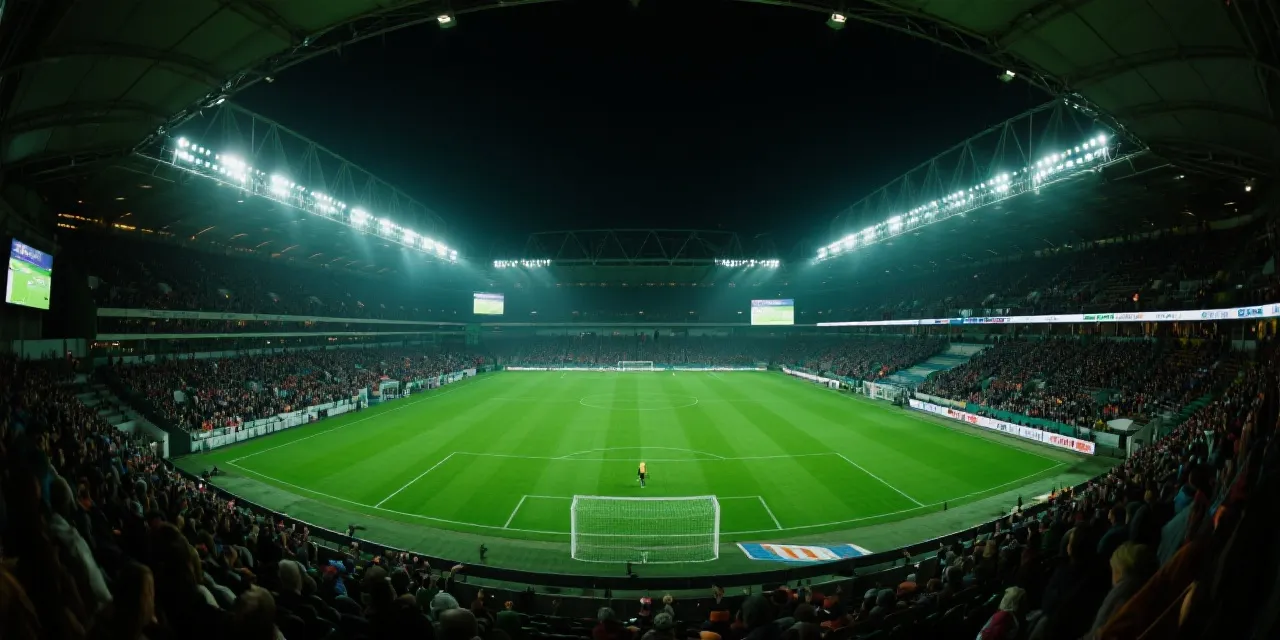 绿茵场与聚光灯的足球赛场插图